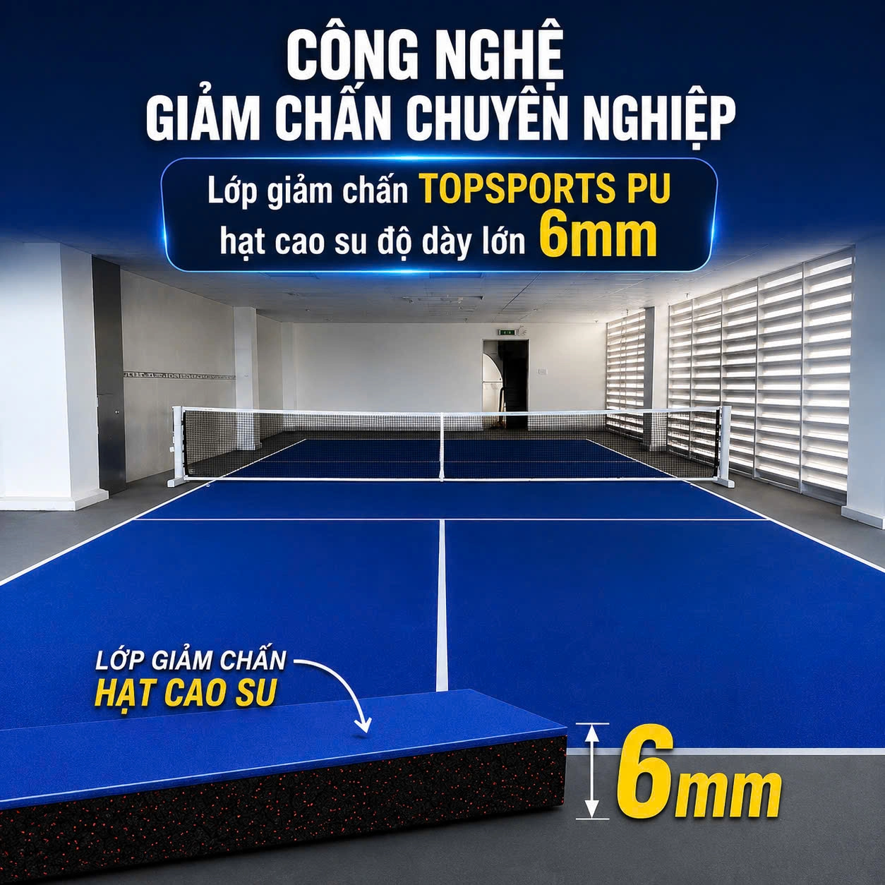 Giải pháp sân Pickleball trên sân thượng TOPPSPORTS PU hạt cao su dày 6mm 